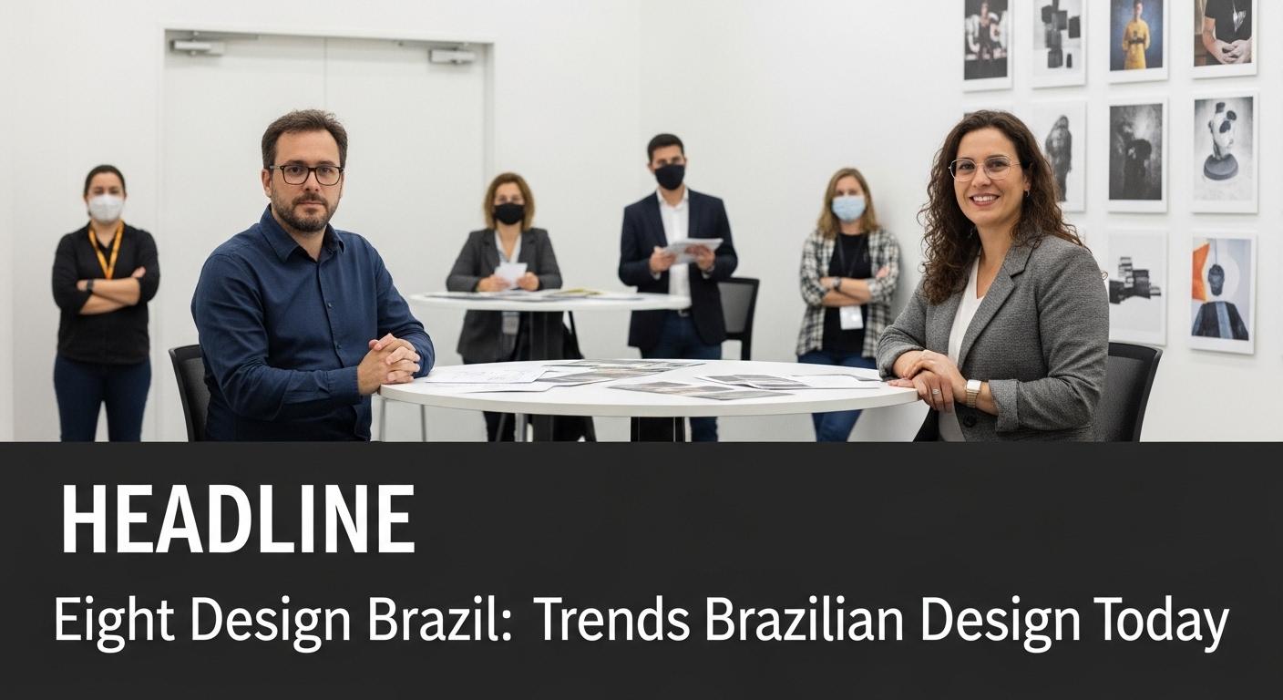 Brazilian design studio with designers collaborating and a city skyline in the background