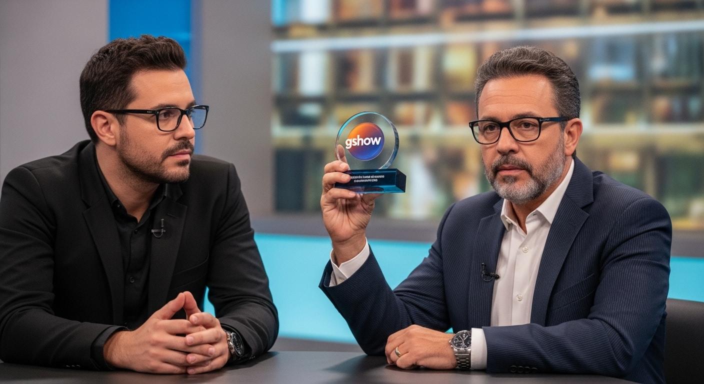 Graphic illustrating a Brazilian TV voting interface with a live poll overlay and the label gshow votação.